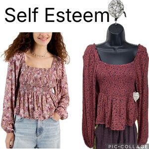 (T6) Self Esteem Juniors' Square Neck Ruched Puff Sleeve Blouse, Large